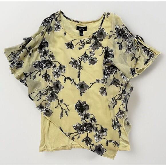 ALYX Flowy Asymmetric Top Sz L Sheer Overlay Yellow Dark Florals Flutter Sleeves - Picture 1 of 14